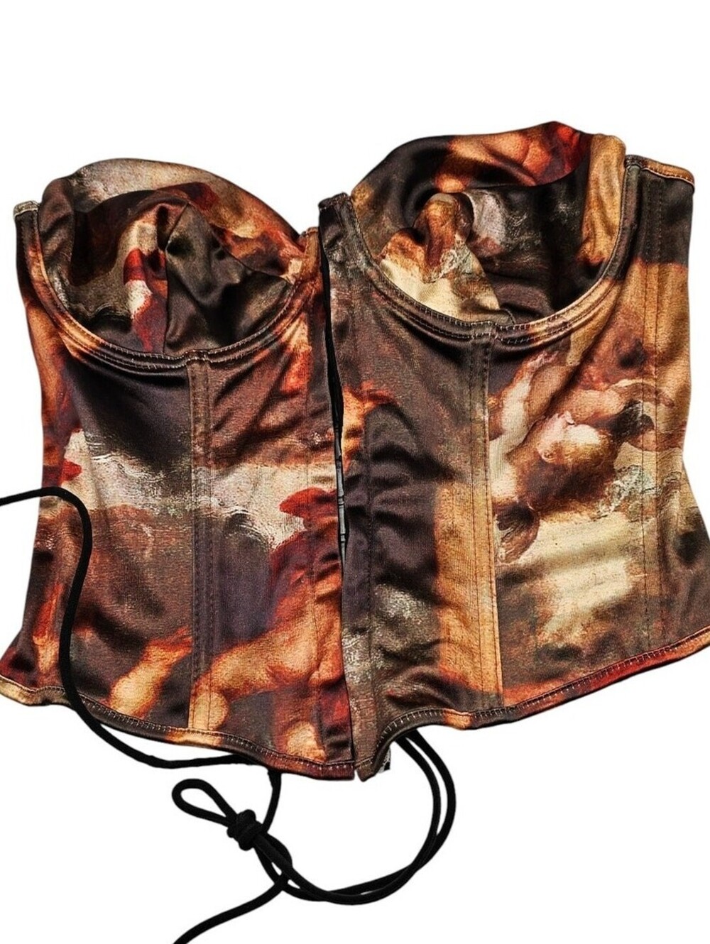 Shein Womens Sz L Satin Corset Bustier Top Brown Tan abstract Print NEW